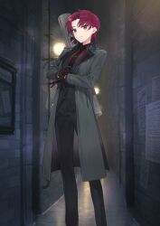 1girl adjusting_clothes adjusting_gloves alley bazett_fraga_mcremitz black_gloves black_jacket black_necktie black_pants black_suit breasts buttons closed_mouth coat collared_shirt colored_lapels curtained_hair dress_pants dress_shirt expressionless fate/grand_order fate_(series) feet_out_of_frame formal_clothes game_cg gloves green_coat hands_up hayashi_kewi jacket lapels layered_sleeves long_sleeves looking_at_viewer manannan_mac_lir_(fate) manannan_mac_lir_(first_ascension)_(fate) mole mole_under_eye necktie notched_lapels official_art open_clothes open_coat own_hands_together pants parted_bangs red_eyes red_hair red_shirt shirt short_hair solo standing suit suit_jacket third-party_source tie_clip unbuttoned variant_set weapon_bag wing_collar