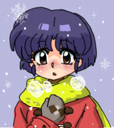 1girl blue_hair blush brown_hair cold lowres open_mouth ranma_1/2 short_hair simple_background snow solo tendou_akane wanta_(futoshi)