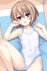 1girl absurdres alternate_costume bare_arms bare_legs bare_shoulders blanc_(neptunia) blue_eyes blush breasts brown_hair collarbone commentary_request competition_swimsuit covered_navel dhiparizky feet_out_of_frame hair_between_eyes hands_up highleg highleg_one-piece_swimsuit highres looking_at_viewer lying neptune_(series) on_back one-piece_swimsuit open_mouth short_hair small_breasts solo swimsuit towel