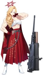 Rule 34 | 1girl, abs, absurdres, akemi (blue archive), arm up, belt, blonde hair, blue archive, blue eyes, breasts, browning m2, chain, cleavage, closed mouth, collarbone, delinquent, fingernails, full body, gun, halo, heavy machine gun, high heels, highres, holding, holding jacket, holding unworn clothes, jacket, long hair, looking at viewer, m202 flash, machine gun, medium breasts, multishot rocket launcher, muscular, official art, rocket launcher, solo, standing, sukeban, translation request, transparent background, unworn jacket, weapon