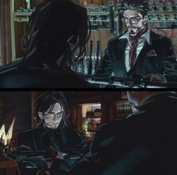 2boys 4istfuerimmer avengers_(series) bar_(place) black_border black_hair black_jacket black_shirt blue_eyes blurry blurry_background border bottle breast_pocket bucky_barnes closed_mouth collared_shirt commentary english_commentary facial_hair formal_clothes gun highres holding holding_gun holding_weapon indoors jacket john_wick lapels long_sleeves looking_at_another male_focus marvel multiple_boys necktie parody pocket purple_necktie rifle shirt short_hair smile suit suit_jacket table teeth tony_stark upper_body v-shaped_eyebrows weapon white_shirt