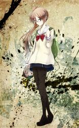 1girl animal_bag bag black_pantyhose black_shoes bow brown_cardigan brown_eyes brown_hair cardigan chaos;child collarbone cry-planet dress flat_chest full_body gero-froggy glasses hair_between_eyes hair_ribbon hekiho_academy_school_uniform highres holding holding_bag long_hair long_sleeves looking_at_viewer one_side_up pantyhose ribbon school_uniform shoes side_ponytail skirt solo sumo_sticker_(chaos;child) white_ribbon yamazoe_uki
