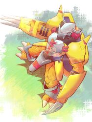absurdres armor claw_(weapon) colored_skin digimon digimon_(creature) dragon full_body gauntlets green_eyes helmet highres horns mechanical_wings orange_skin red_hair solo standing wargreymon weapon wings yellow_armor youwantstars