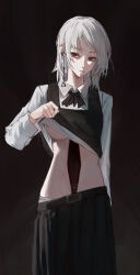 1girl absurdres black_background black_skirt breasts chainsaw_man clothes_lift collared_shirt commentary_request death_devil_(chainsaw_man) deep_wound earrings fami_(chainsaw_man) fourth_east_high_school_uniform grey_hair haimaotuanzi highres injury jewelry lifting_own_clothes long_sleeves medium_breasts medium_hair panties panty_peek red_eyes school_uniform shirt shirt_lift skirt solo spoilers underboob underwear white_shirt