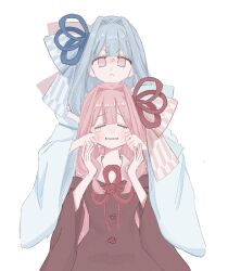 2girls angry bad_id bad_twitter_id behind_another black_dress black_sleeves blue_hair blue_ribbon blue_sleeves blush cheek_pull closed_eyes crying detached_sleeves dress flower_knot glaring hair_intakes hair_ribbon hands_up highres inactive_account kotonoha_akane kotonoha_aoi long_hair looking_at_viewer mu_(fyt8ozu7rxqyoy4) multiple_girls neck_ribbon no_pupils parted_lips pink_eyes pink_hair red_ribbon ribbon siblings simple_background sisters standing straight-on tareme v-shaped_eyebrows voiceroid white_background wide_sleeves
