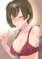 1girl blush bra breasts brown_hair cleavage closed_eyes commentary_request grey_shirt highres hiryuu_(kancolle) index_finger_raised kantai_collection medium_breasts one_side_up open_clothes open_shirt parted_lips pink_nails red_bra sakiecho shirt short_hair simple_background solo sweat underwear upper_body