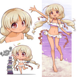 1girl adapted_costume barefoot bikini crossover dark-skinned_female dark_skin ebisu_eika futa_(nabezoko) gen_1_pokemon geodude grey_hair holding holding_rock long_earlobes navel nintendo off-shoulder_bikini off_shoulder pokemon pokemon_(creature) rock rock_balancing solo stone swimsuit touhou water