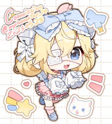 Rule 34 | 1girl, apron, bell, blonde hair, blue apron, blue bow, blue eyes, blue hairband, blue shoes, bow, cat, chibi, chibi only, collared dress, commission, disembodied head, double bun, dress, eyepatch, frilled apron, frilled bow, frilled hairband, frilled sleeves, frills, grid background, hair between eyes, hair bow, hair bun, hair ornament, hairband, hands up, highres, jingle bell, kneehighs, leg up, looking at viewer, medical eyepatch, open mouth, original, orphaneater io, pink dress, pink socks, plaid background, pleated dress, shoes, sleeve bow, sleeves past fingers, sleeves past wrists, slip-on shoes, socks, solo, standing, standing on one leg, star (symbol), very long sleeves, walking, white background, white bow, wing collar