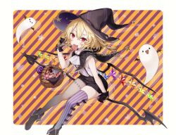 1girl alternate_costume arm_up ascot asymmetrical_legwear basket black_bow black_footwear black_gloves black_hat black_shorts black_thighhighs blonde_hair bow bow_legwear candy commentary_request flandre_scarlet food full_body ghost gloves halloween hat hiwokawa laevatein_(touhou) lollipop looking_at_viewer mismatched_legwear mouth_hold orange_background purple_background purple_thighhighs red_eyes shirt short_hair short_sleeves shorts solo striped_background striped_clothes striped_thighhighs suspender_shorts suspenders teeth_hold thighhighs touhou twitter_username white_ascot white_shirt wings witch_hat