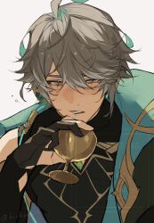 1boy alhaitham_(genshin_impact) bishounen black_gloves black_shirt blue_hair blush chalice chest_jewel commentary_request cup genshin_impact gloves grey_hair hair_between_eyes half-closed_eyes highres holding holding_cup kichi_owo looking_at_viewer lower_eyelashes_only male_focus multicolored_hair partially_fingerless_gloves shirt simple_background solo squeans twitter_username upper_body watermark