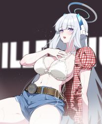 1girl alternate_costume belt bikini bikini_top_only blue_archive blue_shorts blurry blurry_background blush breasts brown_belt cleavage commentary_request cosplay denim gingham_shirt halo headgear highres kwon_eun-bi kwon_eun-bi_(cosplay) large_breasts long_hair looking_at_viewer navel noa_(blue_archive) open_clothes open_mouth open_shirt puffy_short_sleeves puffy_sleeves purple_eyes purple_halo reia_76 short_sleeves shorts smile solo sweat swimsuit teeth thighs upper_teeth_only very_long_hair white_bikini white_hair