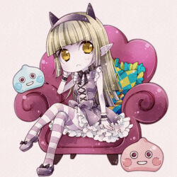 1girl armchair black_bow black_bowtie black_horns blonde_hair blunt_bangs blunt_ends bow bowtie breasts chair checkered_pillow chibi colored_skin commentary_request cross-laced_clothes cross-laced_dress crossed_legs demon_girl dragon_quest dragon_quest_x dress dress_bow flats footwear_bow frilled_dress frilled_wrist_cuffs frills grey_background hairband hand_on_own_cheek hand_on_own_face horizontal-striped_thighhighs horns long_hair looking_to_the_side medium_breasts pink_slime_(dragon_quest) pointy_ears purple_bow purple_dress purple_hairband purple_shoes purple_skin purple_thighhighs rinverry shoes sitting slime_(dragon_quest) solo striped_clothes striped_thighhighs stuffed_toy thighhighs utsubushi_satsuki white_dress white_thighhighs wrist_cuffs yellow_eyes zettai_ryouiki