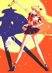 1girl ;) aino_minako animal artemis_(sailor_moon) bishoujo_senshi_sailor_moon blonde_hair blue_eyes blue_sailor_collar blue_shoes blue_skirt bow cat choker closed_mouth codename_wa_sailor_v crescent crescent_choker crescent_facial_mark elbow_gloves eye_mask facial_mark forehead_mark full_body gloves hair_bow hand_on_own_hip highres holding holding_mask long_hair looking_at_viewer looking_back magical_girl mask midriff_peek miniskirt namisonpictures one_eye_closed orange_background pleated_skirt ponytail red_bow sailor_collar sailor_senshi_uniform sailor_v shadow shirt shoes short_sleeves skirt smile standing unworn_mask white_cat white_choker white_gloves white_shirt