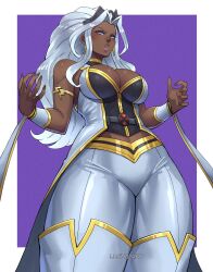 1girl animification blue_eyes breasts cape cleavage dark-skinned_female dark_skin earrings highres jewelry large_breasts long_hair looking_at_viewer luchidart marvel marvel_tokon:_fighting_souls short_hair solo storm_(x-men) superhero_costume very_dark_skin white_hair x-men