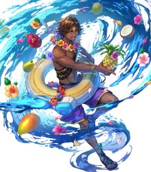 Rule 34 | 1boy, abs, attack, brown eyes, brown hair, dark-skinned male, dark skin, fire emblem, fire emblem engage, fire emblem heroes, flower, flower necklace, fogado (fire emblem), fogado (summer) (fire emblem), food, fruit, highres, innertube, jewelry, lei, male swimwear, necklace, nintendo, non-web source, official alternate costume, official art, open mouth, pineapple, pointing, purple swim trunks, sandals, smile, solo, star-shaped pupils, star (symbol), swim ring, swim trunks, symbol-shaped pupils, transparent background, water