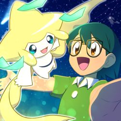 1boy :d black-framed_eyewear brown_eyes commentary_request constellation gen_3_pokemon glasses green_hair green_shirt happy highres ichina0107 jirachi legendary_pokemon male_focus max_(pokemon) mythical_pokemon night nintendo open_mouth outdoors pokemon pokemon:_jirachi:_wish_maker pokemon_(anime) pokemon_(creature) pokemon_rse_(anime) shirt short_hair short_sleeves signature sky smile star_(sky) tongue upper_body virgo_(constellation)