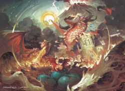 absurdres aldo_dominguez animal_focus animal_skull branch breath_weapon breathing_fire building burning claws commentary company_name crack dragon dragon_skull egg english_commentary eruption fantasy fire giant giant_monster hatchlings highres horns magic:_the_gathering monster multiple_horns nest no_humans official_art open_mouth outdoors red_eyes red_scales scales smoke sun volcano western_dragon wings