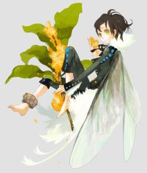 Rule 34 | 1girl, bad id, bad pixiv id, barefoot, black hair, black shirt, blouse, capri pants, fairy, female focus, flower, flower request, from side, full body, green eyes, grey background, jimu kaji, kajimiya (kaji), pants, shirt, simple background, solo, wings