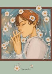 ambiguous_gender androgynous border brown_border brown_hair closed_eyes daisy_(flower) english_text fingernails flower hair_between_eyes hair_flower hair_ornament highres interlocked_fingers original partially_submerged petals petals_on_liquid reflection reflective_water ripples shirt short_hair solo white_shirt yksm_ktn
