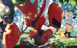 1boy belt black_belt black_eyes black_footwear blonde_hair branch bright_pupils brown_headwear brown_pants bulbasaur cha_kuro_(limo) closed_eyes forest gen_1_pokemon gen_2_pokemon glint male_focus nature nintendo outdoors pants pikachu plaid_clothes plaid_shirt pokemon pokemon_(creature) red_eyes scizor shirt smile tree walking waving white_pupils wrinkled_skin yellow_eyes