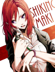 10s 1girl cellphone character_name cradling_phone female_focus formal_clothes gradient_background highres love_live! love_live!_school_idol_project nishikino_maki notebook pen phone purple_eyes red_hair simple_background solo suit talking_on_phone vice_(kuronekohadokoheiku) watch