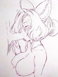 1boy 1girl animal_ears blush bouncing_breasts breasts closed_eyes completely_nude corrupted_twitter_file elea_(granblue_fantasy) erune fellatio granblue_fantasy hetero highres large_breasts monochrome nipples nude oral penis short_hair solo_focus testicles traditional_media tsukareta_san upper_body