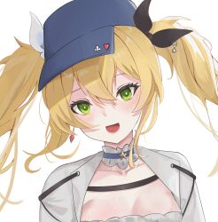 Rule 34 | 1girl, absurdres, blonde hair, blue hat, breasts, choker, cleavage, collarbone, commentary, dokibird (vtuber), dokibird (vtuber) (retro doki), earrings, eyelashes, frilled choker, frills, green eyes, hair between eyes, hat, highres, indie virtual youtuber, jacket, jewelry, light blush, long hair, looking at viewer, open clothes, open jacket, open mouth, portrait, smile, solo, twintails, virtual youtuber, white background, zeroalka