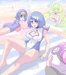 3girls ? ass beach bikini blonde_hair blue_eyes blue_hair blush breasts bright_pupils charizard cleavage cleavage_cutout clothing_cutout collarbone dragonair english_text gen_1_pokemon hair_over_one_eye highres kemonokiller lana&#039;s_mother_(pokemon) lana_(pokemon) large_breasts long_hair looking_at_viewer low_ponytail lusamine_(pokemon) master_ball mature_female mother_and_daughter multiple_girls navel nintendo one-piece_swimsuit open_mouth poke_ball pokemon pokemon_(anime) pokemon_(creature) pokemon_sm_(anime) ponytail short_hair smile swimsuit very_long_hair white_pupils