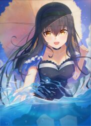 1girl absurdres black_camisole black_choker black_hair black_hairband black_skirt blue_capelet blush bone_hair_ornament breasts camisole capelet choker cleavage collarbone day flowingcrescent frilled_capelet frilled_choker frills hair_ornament hairband highres holding holding_umbrella kushima_kamome leaning_forward long_hair looking_at_viewer medium_breasts open_mouth outdoors partially_submerged skirt skull_and_crossbones skull_hair_ornament sky solo splashing summer_pockets umbrella water yellow_eyes