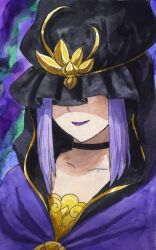 1girl black_choker black_hood blue_hair blue_lips choker covered_eyes fate/stay_night fate_(series) highres hooded_robe jewelry medea_(caster)_(fate) medea_(fate) painting_(medium) portrait purple_robe robe smile solo tomoeotohime traditional_media watercolor_(medium)