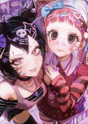 Rule 34 | 2girls, aegyo sal, bag, bags under eyes, bead necklace, beads, black hair, bow, character doll, decora, e-girl, earrings, fashion, from above, gem, hair bow, hair ornament, handbag, heart, heart necklace, highres, jewelry, kuromi, long hair, looking at viewer, multiple girls, my melody, necklace, onegai my melody, original, own hands together, pentacle, pink eyes, pink hair, purple eyes, purple gemstone, ring, sanrio, seapall, short hair, short twintails, skirt, sticker on face, stuffed toy, thighhighs, twintails, zettai ryouiki