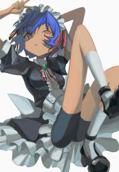 1girl amamoto_air arm_behind_head black_shoes black_shorts blue_hair closed_mouth collared_dress commentary_request dress frilled_dress frills full_body green_brooch hair_ribbon highres kneehighs knees_up looking_at_viewer low_block_heels maid maid_headdress neck_ribbon orange_eyes original red_ribbon ribbon sash shoes short_hair shorts shorts_under_dress simple_background single_sidelock socks solo under_skirt upskirt v waist_sash white_background white_sash white_socks