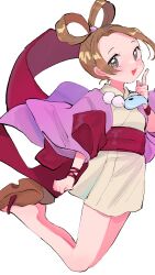1girl absurdres ace_attorney brown_hair chanramu grey_eyes highres japanese_clothes kimono pearl_fey pink_kimono sandals solo solo_focus white_background