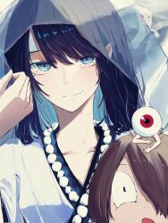 1boy 1girl ado_(utaite) blue_eyes blue_hair blush brown_hair chando_(ado) closed_mouth colored_inner_hair commentary gegege_no_kitarou highres kitarou looking_at_viewer medama_oyaji mole mole_under_eye multicolored_hair tanake_(tanakei_ado) two-tone_hair utaite veil