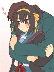 1boy 1girl blazer blue_sailor_collar blue_skirt blush brown_cardigan brown_eyes brown_hair cardigan green_jacket hair_ribbon hairband heart hetero hug hug_from_behind jacket kita_high_school_uniform kyon long_sleeves looking_at_another open_cardigan open_clothes polka_dot polka_dot_background red_ribbon ribbon sailor_collar school_uniform serafuku short_hair skirt suzumiya_haruhi suzumiya_haruhi_no_yuuutsu sweatdrop taiki_(6240taiki) white_background yellow_hairband yellow_ribbon