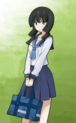 10s 1girl bad_id bad_pixiv_id bag black_hair black_rock_shooter blue_eyes female_focus green_eyes julius_yu light_smile scarf school_bag school_uniform serafuku shoes short_hair skirt smile solo takanashi_yomi