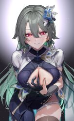 1girl absurdres anzu0130 arm_behind_back black_thighhighs blue_bodysuit blue_gloves bodysuit breasts cleavage_cutout clothing_cutout colored_inner_hair cowboy_shot earrings flower gloves green_hair grey_background grey_hair hair_between_eyes hair_flower hair_ornament half_gloves highres honkai_(series) honkai_impact_3rd jewelry large_breasts long_hair looking_at_viewer multicolored_hair purple_eyes single_thighhigh solo thigh_strap thighhighs thighs very_long_hair vita_(honkai_impact) vita_(lone_planetfarer)_(honkai_impact) wet