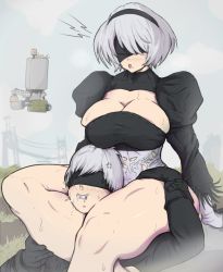 1boy 1girl 2b_(nier:automata) 9s_(nier:automata) asphyxiation blindfold drooling feather-trimmed_sleeves femdom floating foaming_at_the_mouth fog grey_hair headlock highres leg_lock mole mole_under_mouth muscular muscular_female nier:automata nier_(series) pod_(nier:automata) saliva scissorhold short_hair sitting strangling thick_thighs thighs yoracrab