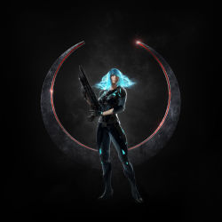 Rule 34 | 1girl, 3d, absurdres, black bodysuit, black gloves, blue eyes, blue hair, bodysuit, breasts, concept art, double-barreled shotgun, gloves, glowing, glowing eyes, glowing hair, glowing veins, gun, hair over one eye, highres, lips, medium breasts, multiple-barrel gun, neon trim, nose, nyx (quake), official art, petur arnorsson, power suit, quake (series), quake 1, quake champions, shotgun, shoulder pads, side-by-side-barreled shotgun, solo, weapon