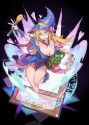 1girl bare_shoulders between_legs blonde_hair blue_hat blush blush_stickers closed_mouth collarbone dark_magician_girl duel_monster fingernails green_eyes grey_background hair_between_eyes hat heart highres holding holding_wand kneeling long_hair looking_at_viewer magic_circle off_shoulder pentagram pot pot_of_greed red_cucumber shiny_skin simple_background smile solo tongue tongue_out wand yu-gi-oh!