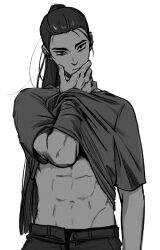 1boy abs closed_mouth clothes_lift commentary_request dungeon_meshi greyscale guilty_challenge_(meme) hand_under_clothes hand_under_shirt hand_up highres korean_commentary lifting_own_clothes long_hair looking_at_viewer male_focus meme monochrome pants ponytail raichu_(shenzed4092) shirt shirt_lift short_sleeves shurou simple_background t-shirt upper_body white_background