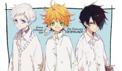 1girl 2boys achpyu black_hair blue_background blue_eyes book child commentary_request copyright_name emma_(yakusoku_no_neverland) green_eyes hair_over_one_eye highres holding holding_book looking_at_viewer multiple_boys norman_(yakusoku_no_neverland) orange_hair ray_(yakusoku_no_neverland) smile upper_body white_hair yakusoku_no_neverland