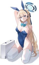1girl absurdres animal_ears blonde_hair blue_archive blue_eyes blue_halo blue_leotard blunt_bangs bow breasts briefcase cleavage commentary covered_navel detached_collar dove_(dove_571) fake_animal_ears halo highleg highleg_leotard highres kneeling large_breasts leotard long_hair medium_breasts playboy_bunny rabbit_ears ribbon solo strapless strapless_leotard thighhighs toki_(blue_archive) white_background