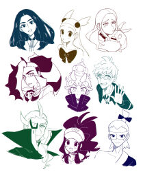 4girls 5boys :o baseball_cap bede_(pokemon) bow bright_pupils brycen_(pokemon) buttons cloak closed_mouth commentary_request earrings geeta_(pokemon) gen_5_pokemon gen_8_pokemon ghetsis_(pokemon) glasses gloves grin hair_bobbles hair_ornament hat hatenna head_tilt high_collar highres hilda_(pokemon) hime_(himetya105) jacket jasmine_(pokemon) jewelry long_hair molayne_(pokemon) multiple_boys multiple_girls neck_ribbon nintendo oleana_(pokemon) open_mouth piers_(pokemon) pokemon pokemon_(creature) pokemon_bw pokemon_bw2 pokemon_hgss pokemon_sm pokemon_sv pokemon_swsh raised_eyebrows ribbon shirt short_hair sidelocks smile teeth trubbish two_side_up waving