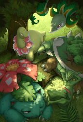 00s 10s 1990s_(style) creatures_(company) dappled_sunlight forest game_freak gen_1_pokemon gen_2_pokemon gen_3_pokemon gen_4_pokemon gen_5_pokemon kuroi-tsuki leaf log meganium nature nintendo no_humans pokemon pokemon_(creature) pokemon_bw pokemon_dppt pokemon_gsc pokemon_rgby pokemon_rse retro_artstyle sceptile serperior sleeping sunlight toothpick torterra tree venusaur