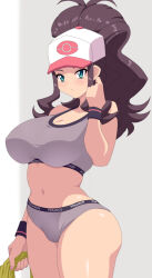 1girl aqua_eyes baseball_cap breasts brown_hair cleavage clothes_writing commentary_request cowboy_shot grey_background grey_panties grey_sports_bra hat highres hilda_(pokemon) holding kihaiu large_breasts long_hair midriff navel nintendo panties partial_commentary pokemon pokemon_bw ponytail solo sports_bra standing underwear underwear_writing white_hat wristband