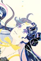 1girl absurdres bare_shoulders bishoujo_senshi_sailor_moon bow bow_choker choker close-up crescent crescent_earrings dress earrings hair_bun highres jewelry light_smile looking_up luna_(sailor_moon) luna_(sailor_moon)_(human) masking_tape_(medium) mixed_media necklace photo_(medium) portrait purple_eyes purple_hair ribbon ryono solo traditional_media unconventional_media white_background yellow_bow yellow_dress yellow_ribbon