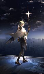 Rule 34 | 1boy, absurdres, black horns, black sky, city, claws, closed mouth, eve (meltdown), full body, green hair, highres, honkai (series), honkai impact 3rd, horns, kosma, male focus, night, outdoors, pointy ears, sky, solo, standing, star (sky), star (symbol), yellow eyes