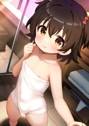 1girl adversarial_noise akagi_miria bow breasts brown_hair cedar_(cedar_japonica) closed_mouth commentary_request hair_bow idolmaster idolmaster_cinderella_girls indoors loli looking_at_viewer naked_towel paid_reward_available red_bow short_hair small_breasts smile solo towel two_side_up variant_set