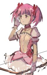 Rule 34 | 1girl, absurdres, bow (weapon), bubble skirt, cropped legs, gloves, highres, holding, holding bow (weapon), holding weapon, kaname madoka, kaname madoka (magical girl), kornod, looking to the side, magical girl, mahou shoujo madoka magica, pink eyes, pink hair, short sleeves, short twintails, skirt, solo, twintails, weapon, white background, white gloves